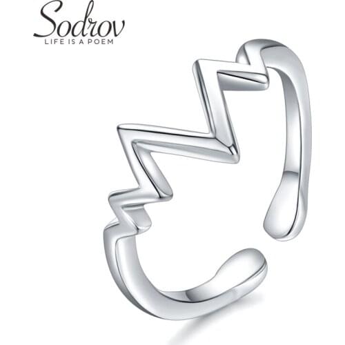 SODROV 925 Sterling Silver Simple lightning opening adjustable ring heartbeat opening silver ring For Women Silver 925 Jewelry