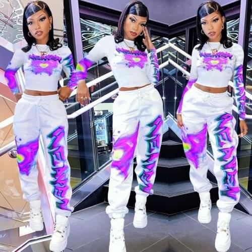 ZKYZWX Aesthetic Print 2 Piece Joggers Women Set Long Sleeve T Shirt Tops Fashion Pencil Pants Joggers Lounge Wear Matching Sets