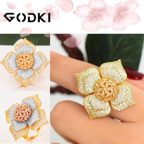 GODKI Famous Design Luxury Flowers Statement Rings For Women Wedding Cubic Zircon Engagement Dubai Punk Bridal Top Finger Rings