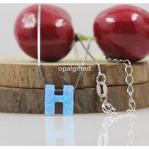 1pc In Stock Synthetic Letter H Light Blue Opal Pendant Side hole Opal jewelry S925 Silver Letter H Necklace with free shipping