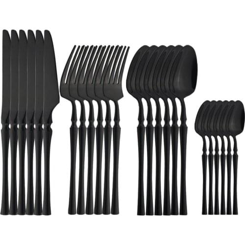 24pcs/set Black Dinnerware Food Cutlery 304 Stainless Steel Table Dinner Fork Knife Coffee Spoon Set Kitchen Home Tableware Sets