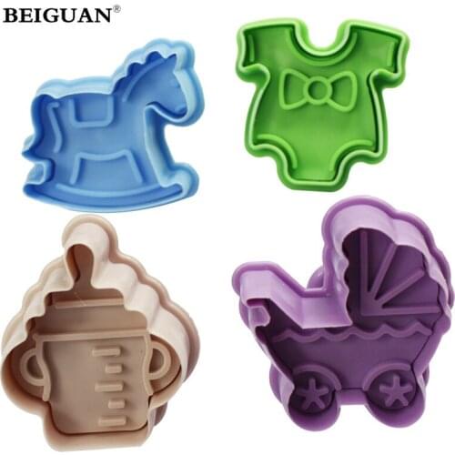 4pcs Baby Toys 3D baby stroller Trojan Bottle cookies mold Biscuit Stamp cake/Toast mold Fondant decorating tools