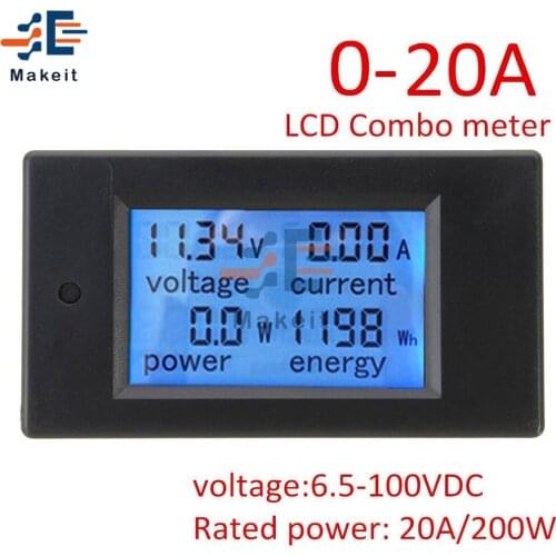 4 in 1 DC 6.5~100V 0~20A Voltmeter Ammeter Digital Voltage Current Power Energy Monitor LCD Display Blue Backlight for Indoor