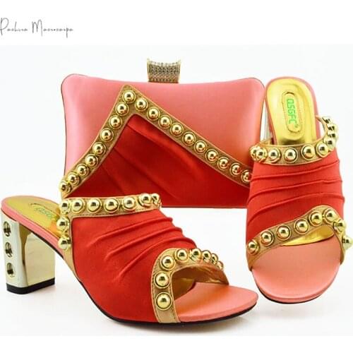 7.5cm Pumps African Women Shoes Peach Coral Color With Italian Fashion Shoes Pumps Matching Bag For Evening Party