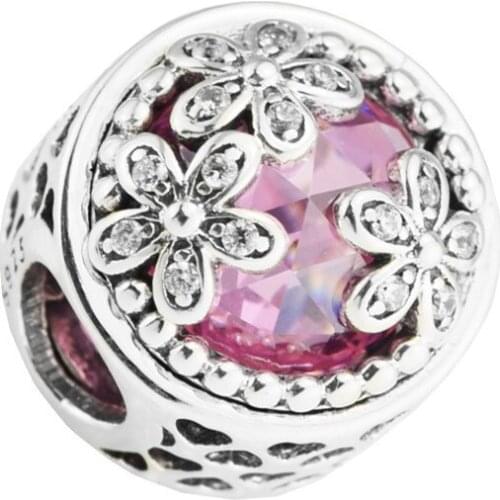 925 Sterling Silver Luxury Hollow Heart Three Flowers Bright Pink CZ Beads Fit Original Pandora Charm Bracelet Jewelry Making