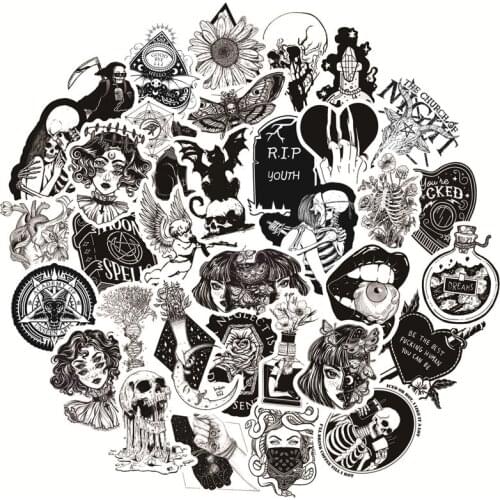 Black and White Punk Style Sticker Halloween Tattoo PVC Waterproof Stickers Card Box Pack Glue Paste Decor