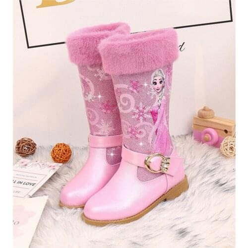 Elsa Princess Kids High Boots Girls Winter Warm Plush Snow Boots Disney Frozen Print Childrens Boots