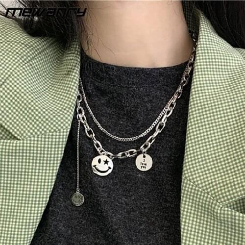 Mewanry 925 Sterling Silver Double-Layered Smiley Couples Necklace New Fashion Vintage Party Jewelry Gift for Women Wholesale