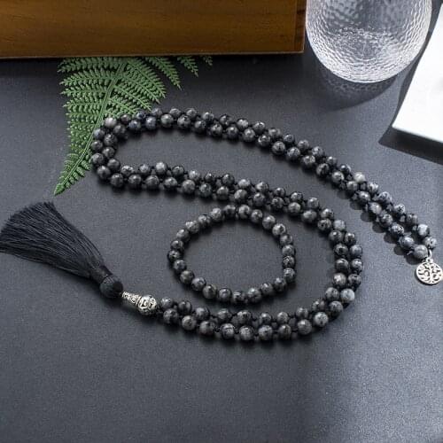 8mm Faceted Black Labradorite Beads Knotted Mala Necklace Meditation Yoga Spirit Jewelry 108 Japamala Mens and Womens Rosary
