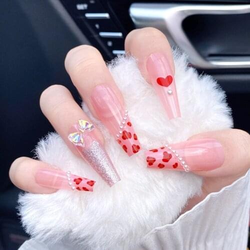 Nail Art Leopard French Fake Nails With Glue Pink Pearl Acrylic Press On False Nail Tips Ballet Tools For Manicure Decoration