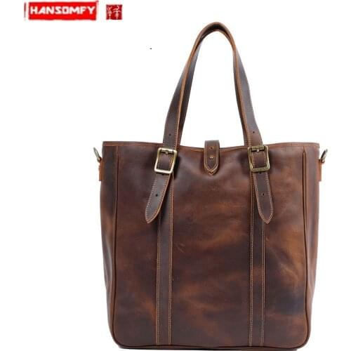 Retro Classic First Layer Cowhide Men Tote Bag Male Leather Handbag Crazy Horse Leather Shoulder Messenger Bags