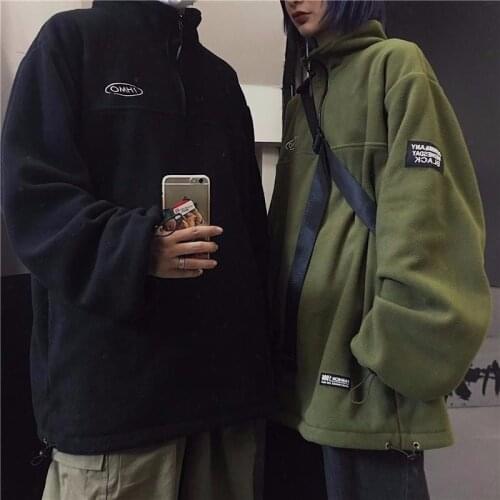 Korean ins retro autumn winter polar fleece couples top loose Pullover stand collar Plush for men and women