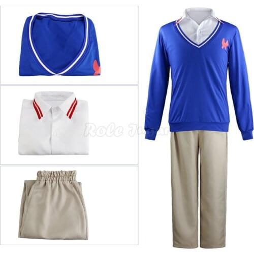 Anime Cosplay Costume WONDER EGG PRIORITY Sawaki Momoe Uniform Campus Style Blue Knitted Top Shirt Pant Wig Role Play C93M144