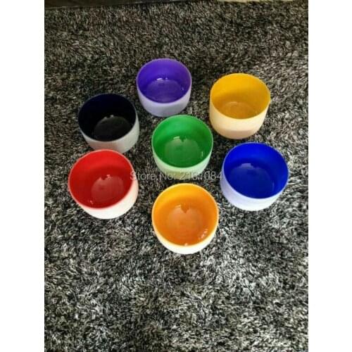 8"-14" chakras set 7pcs colored quartz crystal singing bowls with C D E F G A B notes and 7colors with free suede and o-ring