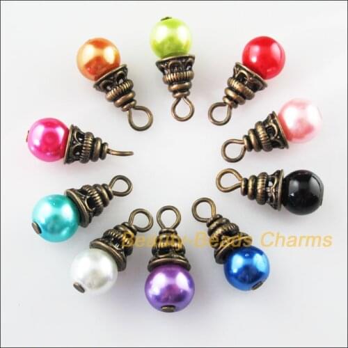 New 20Pcs Antiqued Bronze Color Ends Mixed Round Glass Beads Charms Pendants 8x19mm