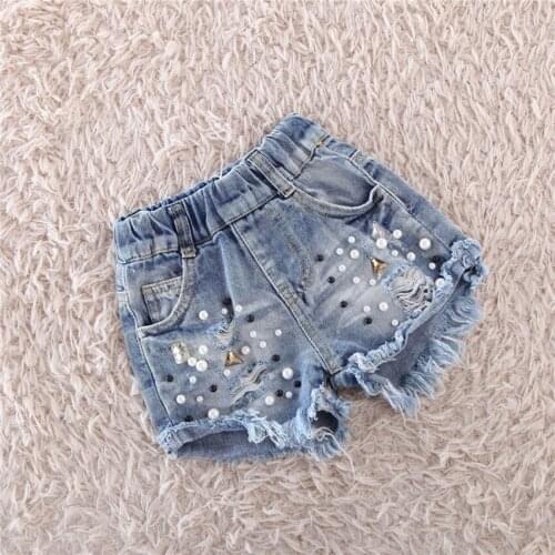 New Girls Cute Shorts Denim Hole Baby Pearl Jeans Short Pants Summer Kids Trousers Girl Clothes