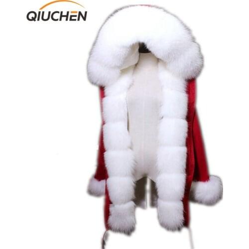QIUCHEN PJ6005 real fur parka with real fox fur Hood and placket women red jacket with rex rabbit fur lining high quality