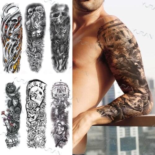 Realistic Skull Full Arm Tattoo Sleeve For Men Women Fake Temporary Tattoos Black DIY Fighting Warrior Tatoos Decal Long Size