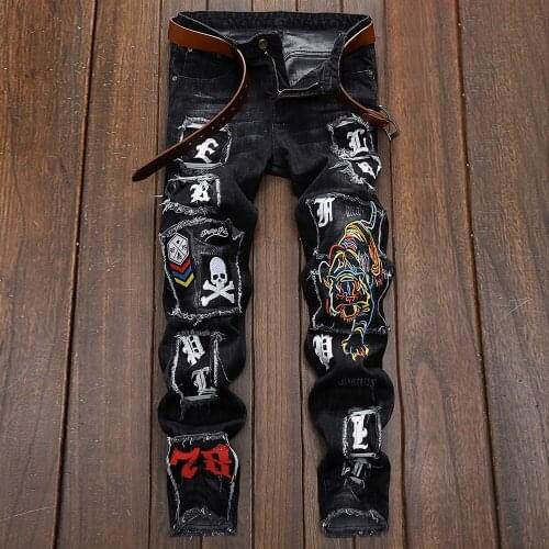 Pantolon Erkek Kot Tiger Embroidery Elastic Beggar Pants Men Wash Black Jeans With Holes Mens Fashion Brand Loose Straight Tube