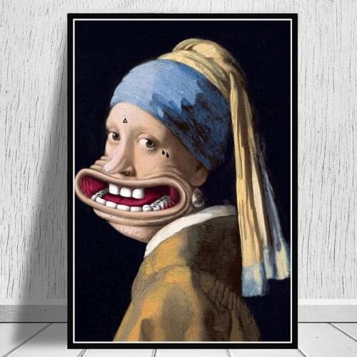 Humor Funny Wall Art Girl with Pearl Earrings Picture Frameless Paintings for Interior Abstract Posters for Home Design