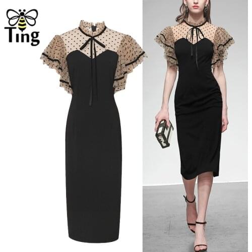Tingfly Vintage Elegant Lady Office Work Stright Black Dress Retro Polka Dot Mesh Sheer Ruffles Midi Long Casual Summer Dress ZA