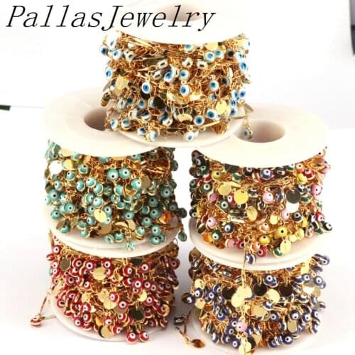 New Design 5 Meters, Colorful Eye Lucky Round Eye Dots Beads Link Chain Jewelry For Women Charms Bracelets Necklaces Making