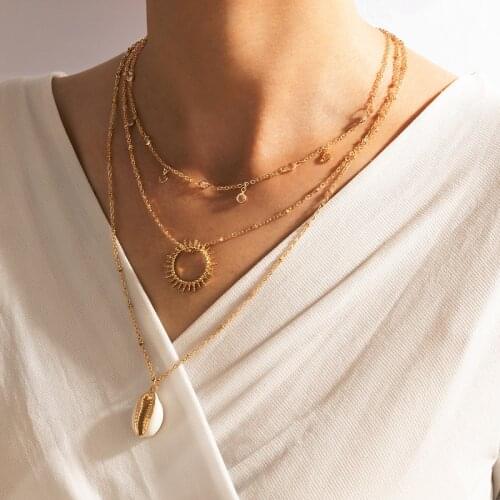 HuaTang Fashion Shell Crystal Pandent Necklace for Women Charms Hollow Geometry Sun Clavicle Chain Party Jewelry Collar 17492