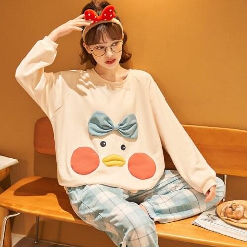 Womens Pajamas Cotton Cute Cartoon Print Round Neck Long-Sleeved Top Trousers Two-Piece Pajamas Sweet Girls Loungewear New