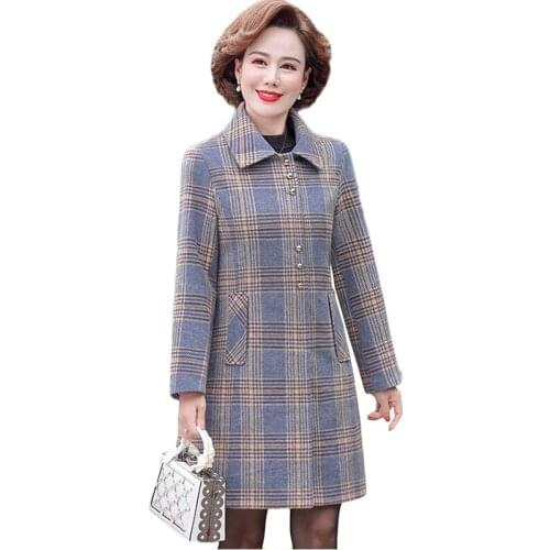 Middle-aged women Plaid Woolen Jacket Autumn Long Woolen coat Plus size Womens Winter Jacket Casual woolen coat Trench coat 5XL