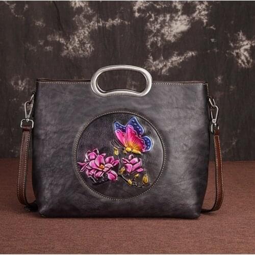 Female Handbag Messenger Tote Bags Floral Butterfly Pattern Famous Brand Retro High Quality Genuine Leather Women Shoulder Bag