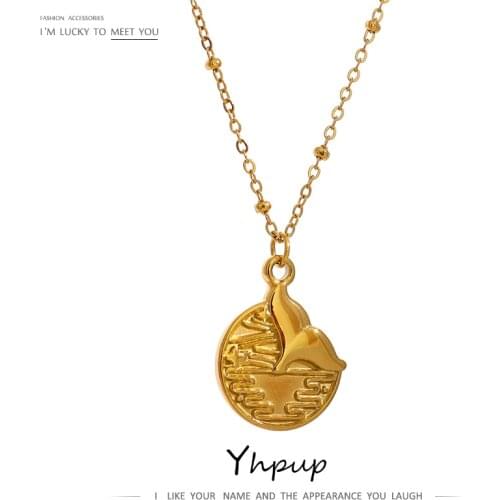 Yhpup Stainless Steel Round Pendant Necklace for Women Gold Tail Pendant Necklace Charm Accessories украшения 2021 бижутерия