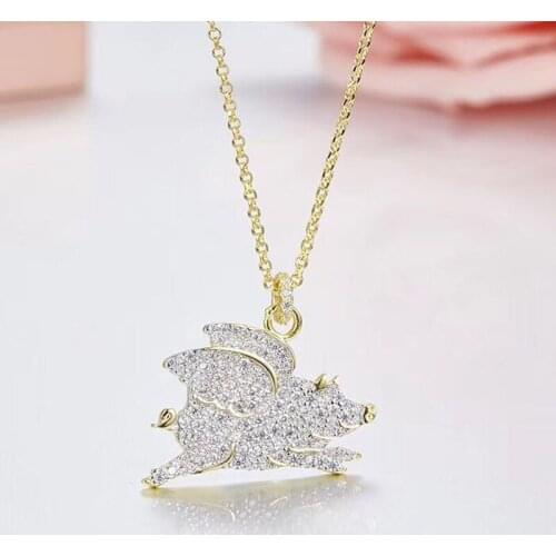 SLJELY 925 Sterling Silver Fly Pig Pendant Necklace Full Pave AAA Cubic Zirconia Gold Color Women France Luxury Brand Jewelry