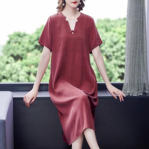 2021 Women Red Mulberry Silk Casual Midi Dress Summer Vintage Loose Solid 4XL Plus Size Sundress Bodycon Elegant Party Vestidos