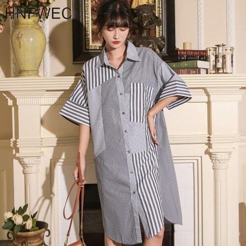 2020 personalized asymmetric striped shirt style dresses for women new loose slimming mid-length elegant office lady K552
