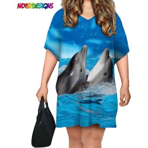 NOISYDESIGNS 2021 Summer O Neck Dress For Women Loose Batwing Sleeve Casual Dolphin Printing Dresses Female Vestido De Mulher