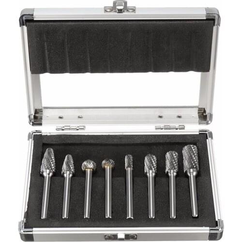 8PCS 1/4'' Shank Double Cut Carbide Burr Die Grinding Rotary Bit Set W/Case