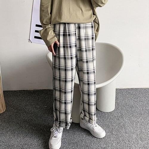 Dihope Men Pants Plaid Loose Comfortable Retro Casual All-match Elastic Waist Chic Wide Leg Trousers Streetwear Korean Style