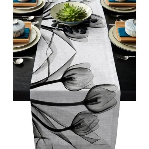 Tulip Flower Black And White Silhouette Table Runner Placemat Coaster Modern Party Wedding Decor Dinning Table Runners