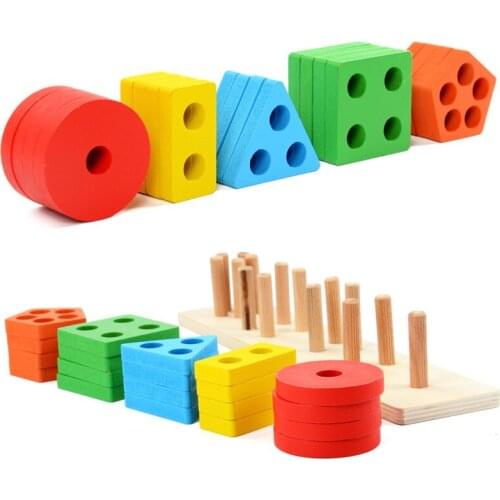 Early childhood education Wooden 3D Geometry Shape Multifunctional Geometric Sleeve pair shape Column Matching Block Toy gift