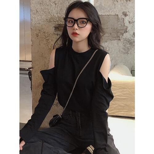 Hot sale Black O-neck Female T-shirts autumn Fashion Elegant Women solid Long Sleeve T shirt slim Casual hollow basic Tees tops