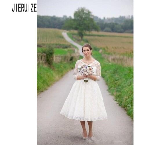 JIERUIZE Newest Short Wedding Dresses Scoop Neck 3/4 Sleeves Button Back Country Boho Wedding Gowns Full Lace vestido de noiva