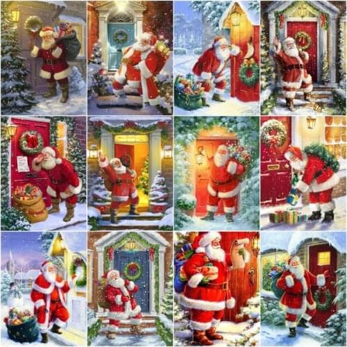 GATYZTORY DIY Oil Painting By Numbers Christmas Door Landscape Kits Canvas Handpainted Gift Pictures Santa Claus Home Decor