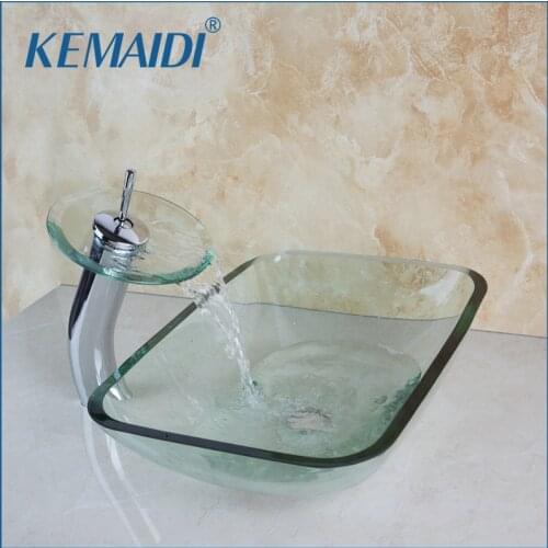 KEMAIDI Bathroom Basin Art Square Washbasin Clear Tempered Glass Vessel Sink With Waterfall Chrome Faucet Set With Pop Up Drain
