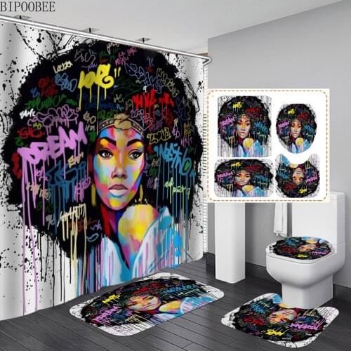 Graffiti Hair African Girl Fashion Bathroom Shower Curtain Personality Afro Women Non-Slip Rugs Toilet Lid Bath Cover Mat Set
