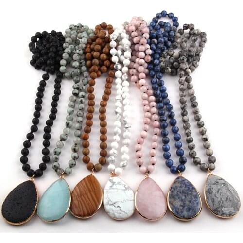 MOODPC Fashion Bohemian Jewelry 8mm Stone Long Knotted Stone Drop Pendant Necklaces For Women Jewelry
