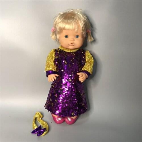 New Purple Sequin Dress + Butterfly Hair Band Fit 42cm Nenuco Doll Nenuco y su Hermanita And 43cm Baby Doll Clothes Accessories