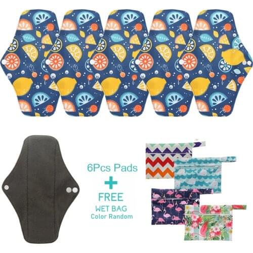 Ohbabyka Bamboo Cloth Sanitary Pads Reusable Cloth Menstrual Pads 6 PCs Medium Cloth Pads + Wet Bag