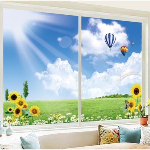 Sliding door shading sunscreen frosted glass film bathroom window anti-perspective sticker blue sky grass painting