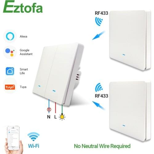 WiFi RF433 Smart Wall Light Switch,No Neutral Wireless Transmitter ,Tuya APP Control Alexa Google Home Compatible 1/2/3 Gang