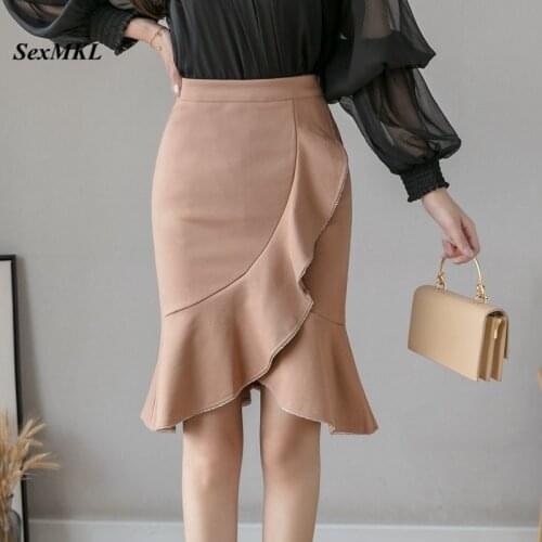 Plus Size High Waist Skirts Women 2020 Fashion Knee Length Ruffles Bodycon Skirt Elegant Korean Clothes Office Sexy Pencil Skirt